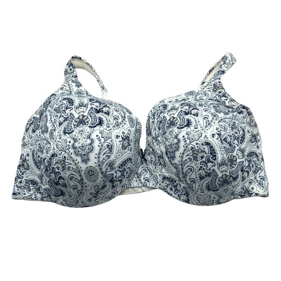 Cacique Lightly Lined Full Coverage Bra White & Blue Paisley Print 46DD - Picture 1 of 4